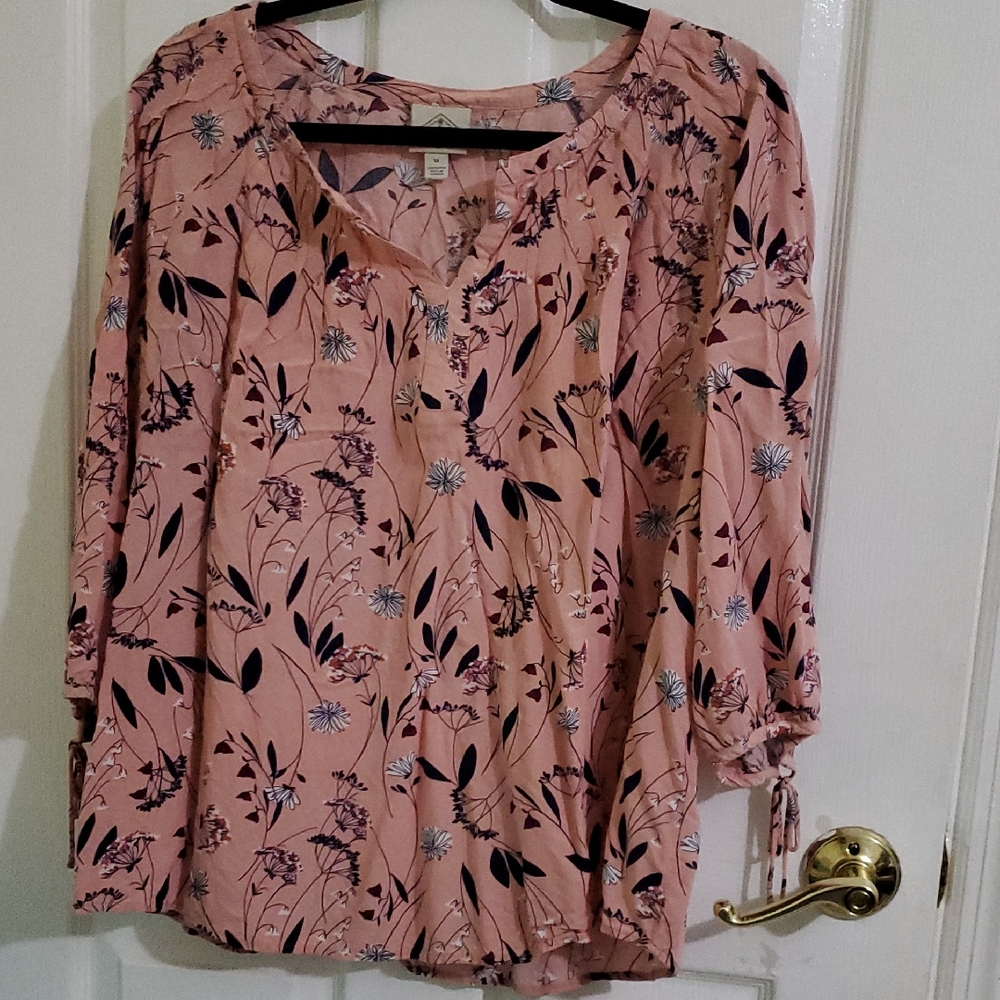 Boho Cottage Floral Pink 3/4 Tied Balloon Sleeves Flowy Top 1X